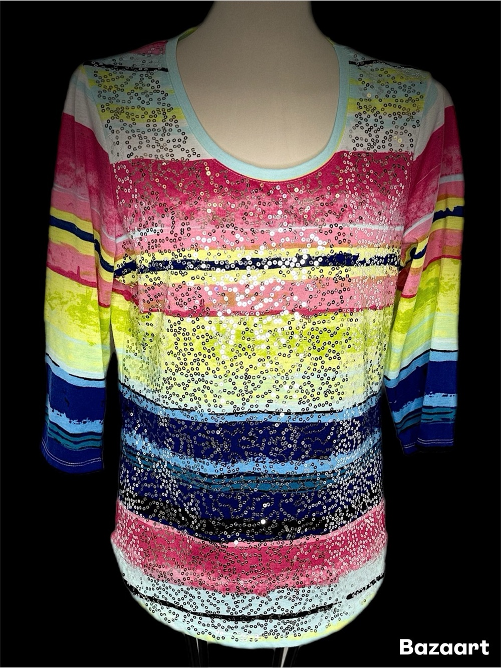 Thomas and Olivia Multicolor Sequin Striped Scoop Neck Long Sleeve Top medium